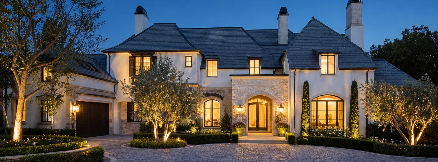 A custom home seen from the street at dusk
